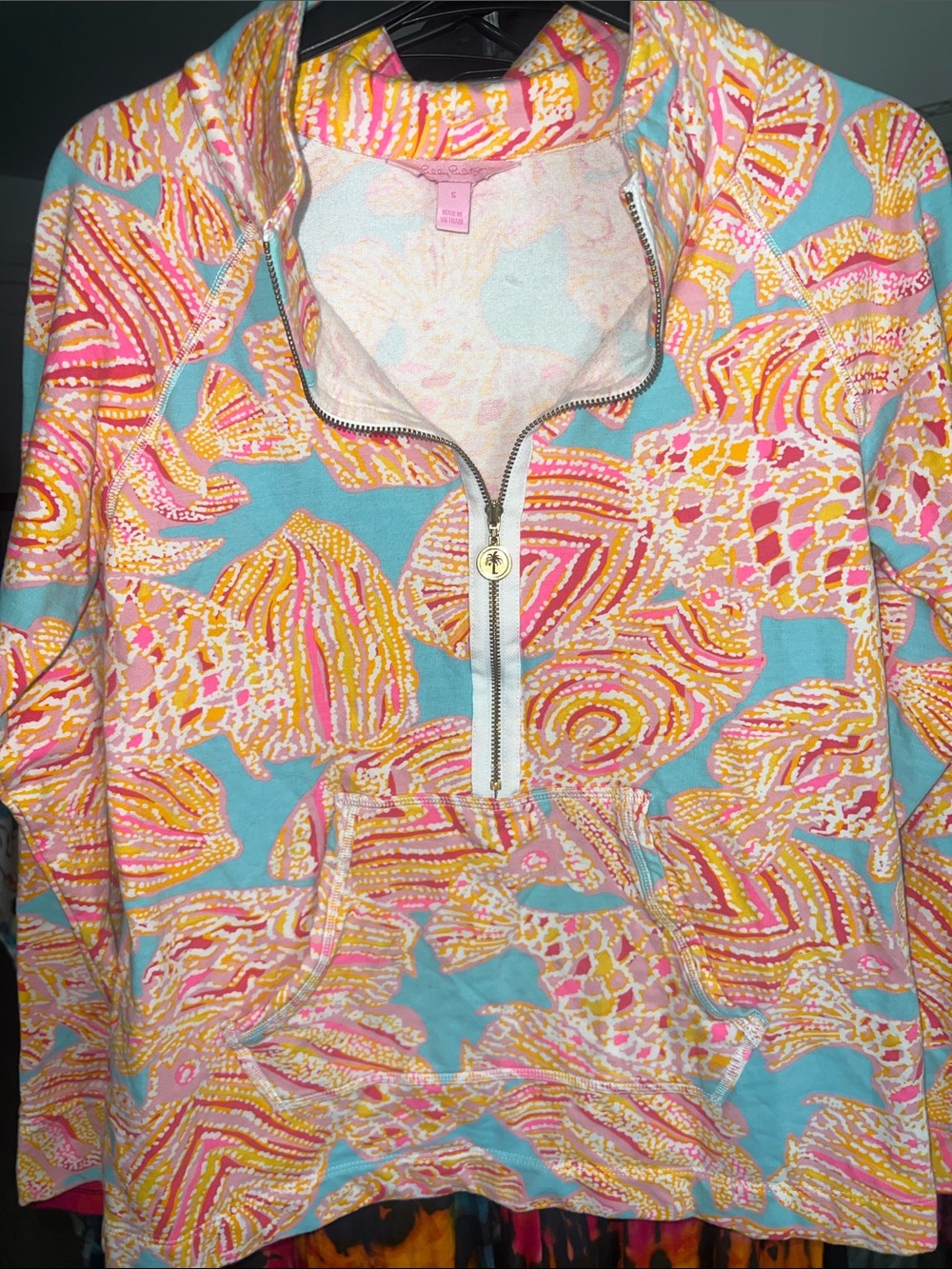 Lilly Pulitzer Pink, Yellow & Aqua fish half zip Pullover with front pocket